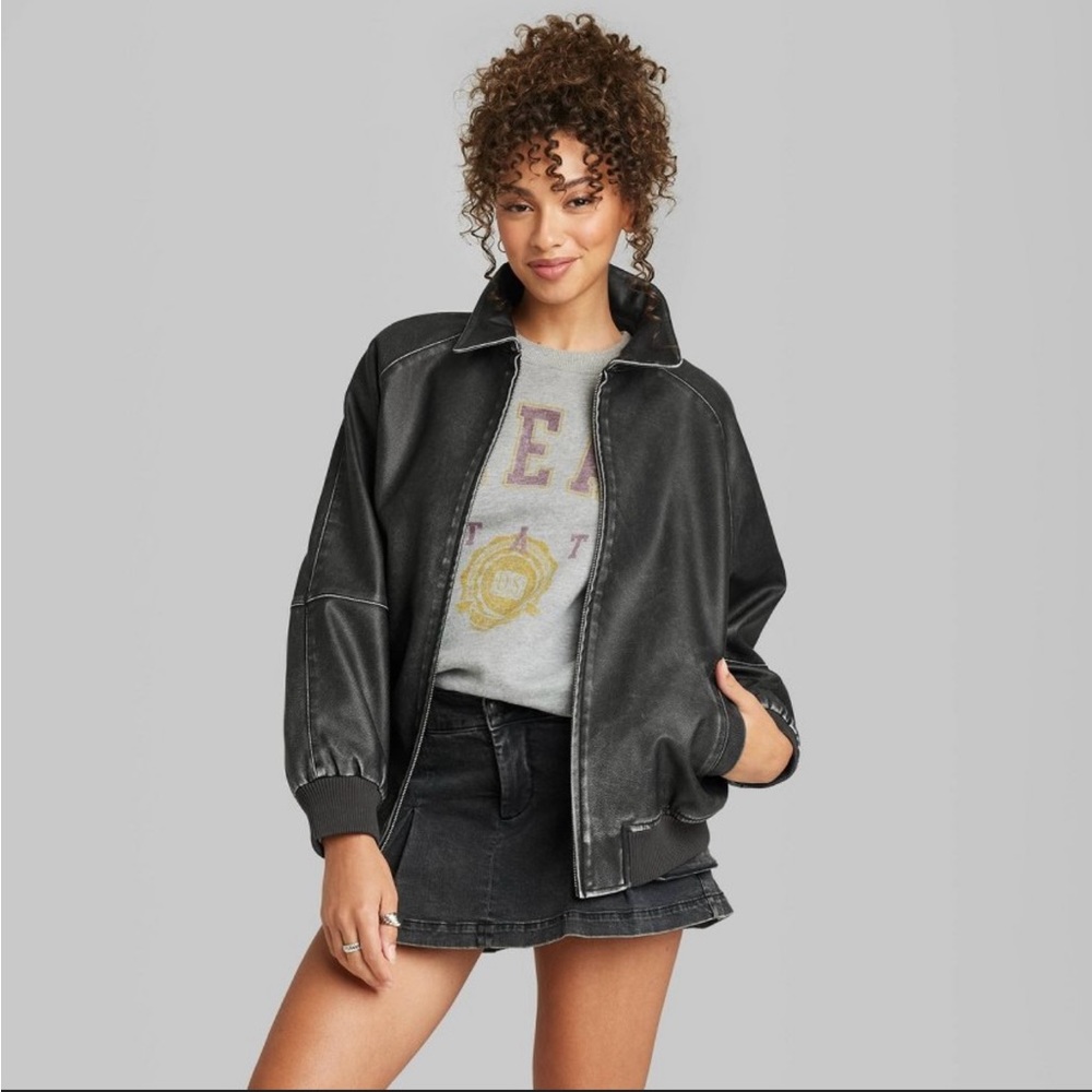Sz M Wild Fable Distressed Faux Leather Brown  Bomber Jacket